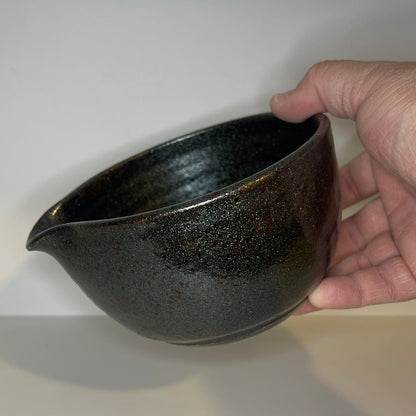 Hand holding a black ceramic bowl against a white background