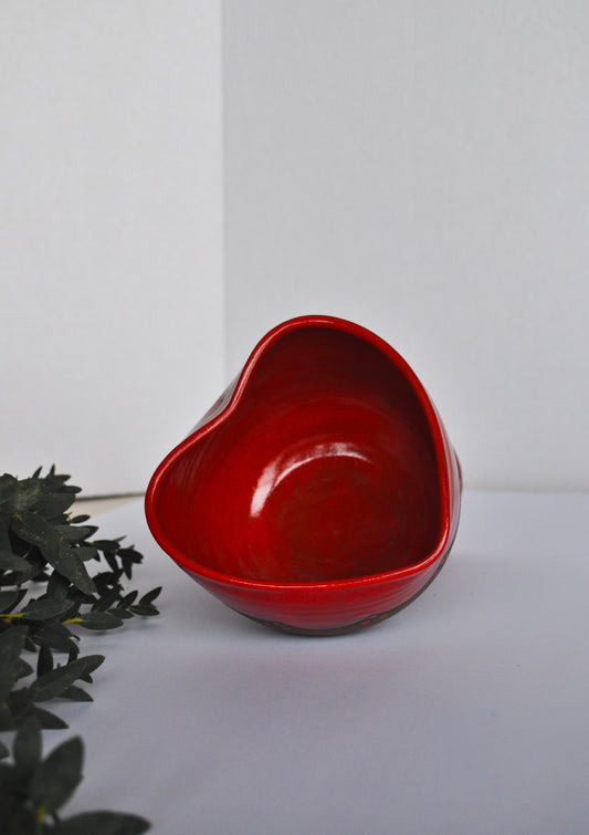 Red ceramic bowl on a light gray surface with a white background